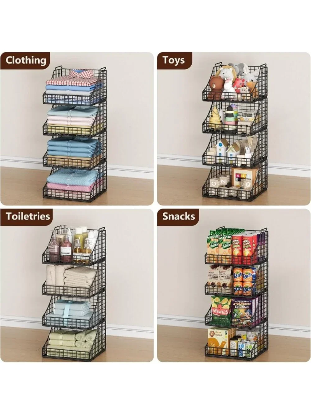 4-Pack Stackable Wire Baskets for Closet Organization, Rustic Metal Storage Bins